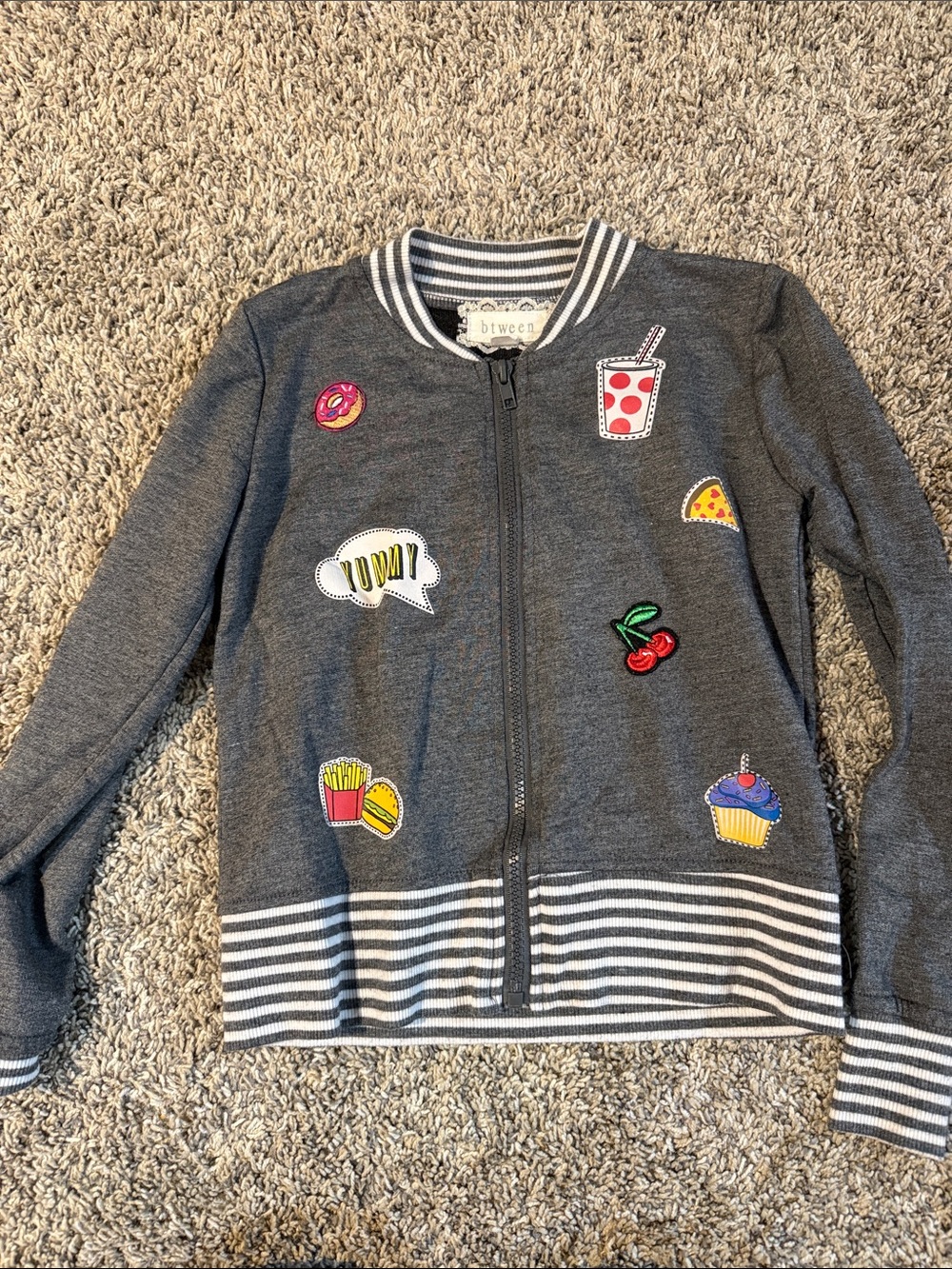 btween Gray Zip Hoodie with Colorful Food Patches